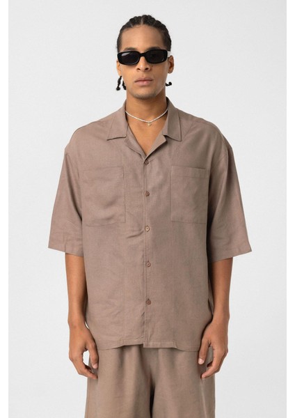 Çift Cepli Oversize Keten Gömlek Vizon fırsatları