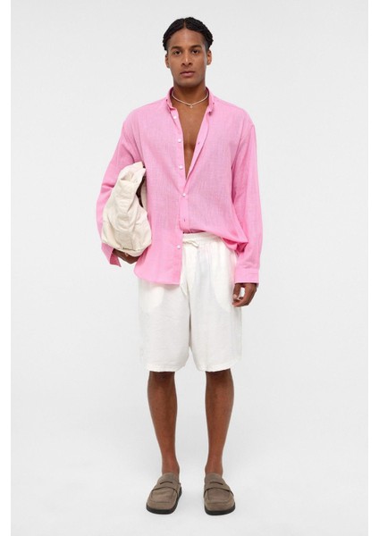 Basic Oversize Pamuk Keten Gömlek Pembe