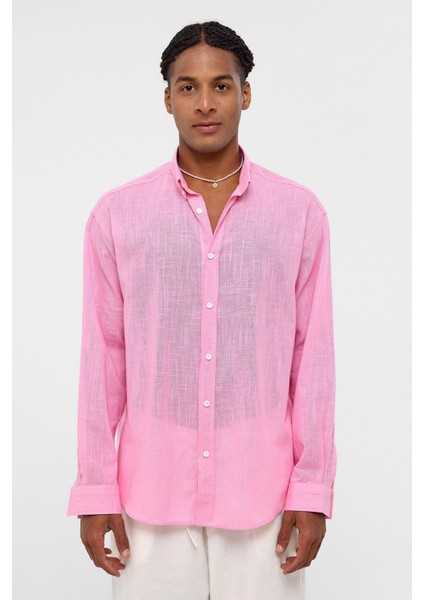 Basic Oversize Pamuk Keten Gömlek Pembe modelleri