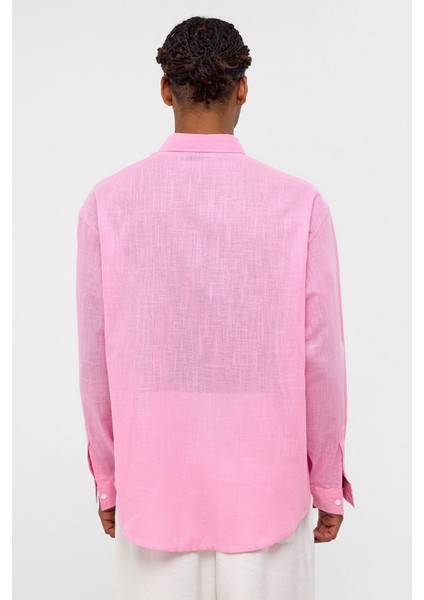 Basic Oversize Pamuk Keten Gömlek Pembe fırsatları