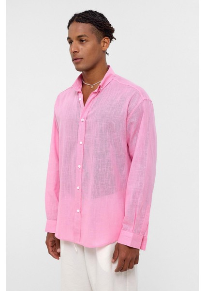 Basic Oversize Pamuk Keten Gömlek Pembe indirimleri