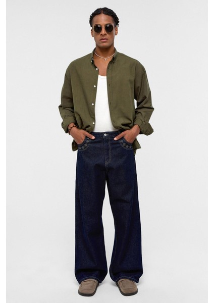 Basic Oversize Pamuk Keten Gömlek Haki