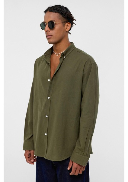 Basic Oversize Pamuk Keten Gömlek Haki fırsatları