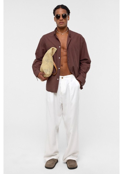 Basic Oversize Pamuk Keten Gömlek Kahve