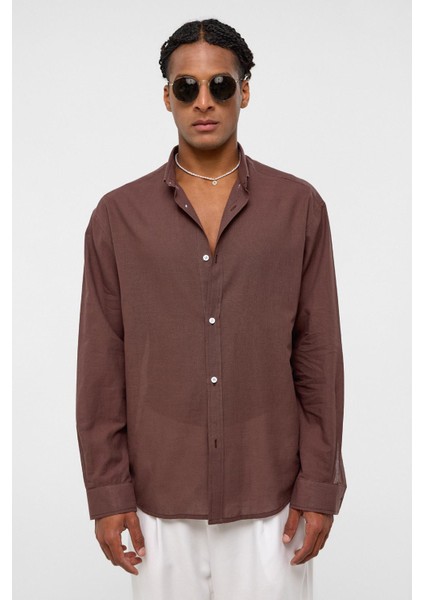 Basic Oversize Pamuk Keten Gömlek Kahve modelleri
