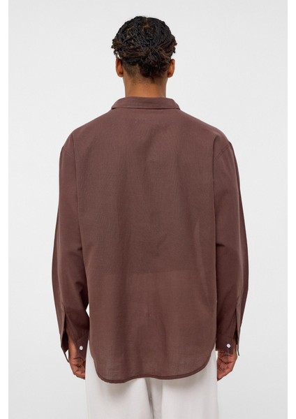 Basic Oversize Pamuk Keten Gömlek Kahve fırsatları