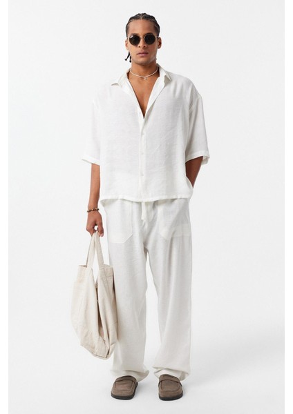 Oversize Kısa Kol Modal Kumaş Gömlek Ekru