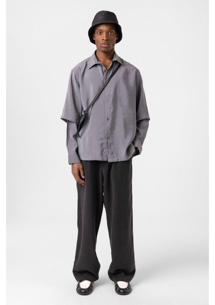 Çift Kol Detaylı Oversize Gömlek Gri