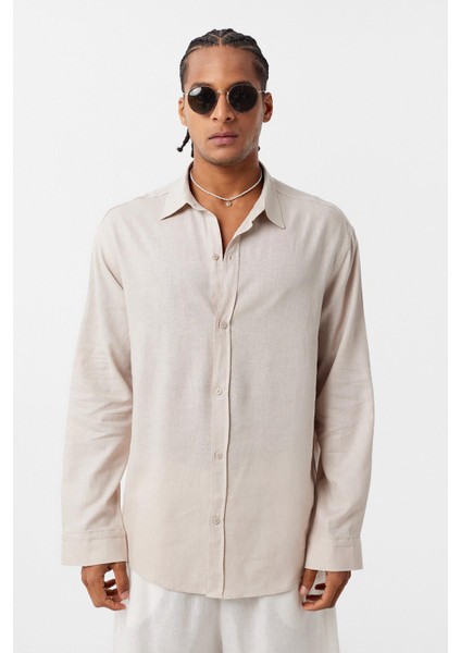 Basic Oversize Uzun Kollu Keten Gömlek Bej modelleri