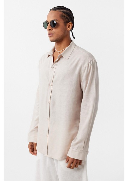Basic Oversize Uzun Kollu Keten Gömlek Bej fırsatları