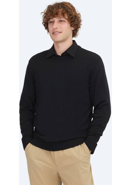 Siyah Bisiklet Yaka Düz Örgü Yün Karışımlı Triko Kazak