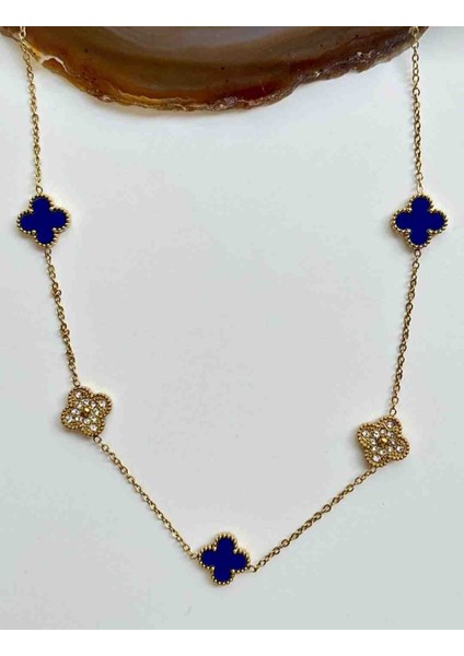 316L Gold Lacivert Taşlı Çelik Kolye