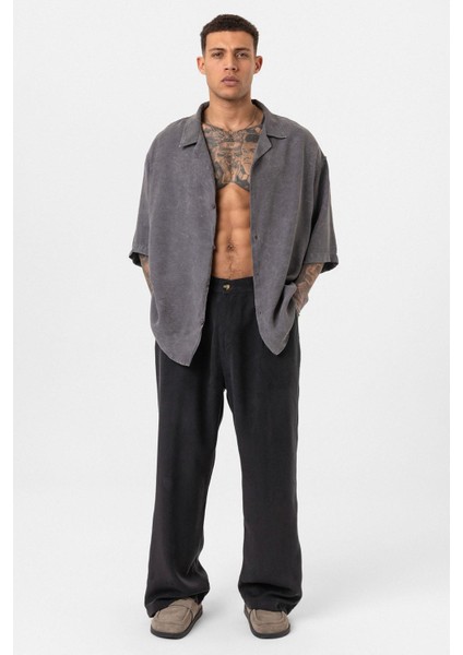 Yıkamalı Oversize Kısa Kol Gömlek Antrasit