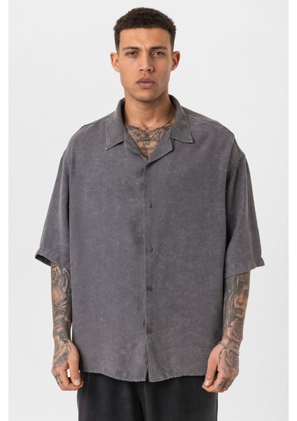 Yıkamalı Oversize Kısa Kol Gömlek Antrasit modelleri