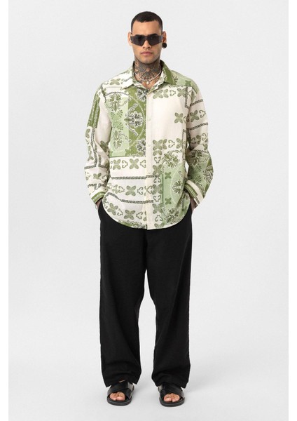 Etnik Desenli Oversize Gömlek Yeşil