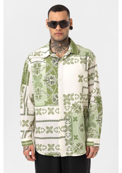 Etnik Desenli Oversize Gömlek Yeşil modelleri