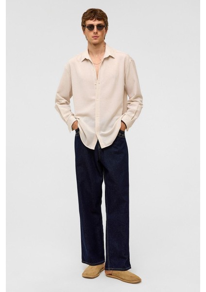 Oversize Uzun Kollu Keten Gömlek Naturel