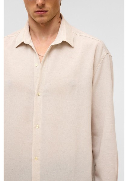 Oversize Uzun Kollu Keten Gömlek Naturel fırsatları