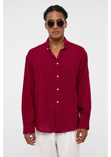 Basic Oversize Pamuk Keten Gömlek Bordo modelleri