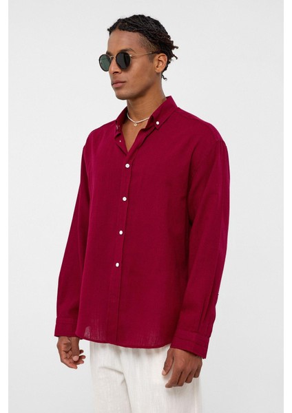 Basic Oversize Pamuk Keten Gömlek Bordo fırsatları