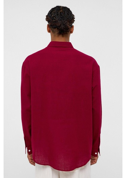Basic Oversize Pamuk Keten Gömlek Bordo indirimleri