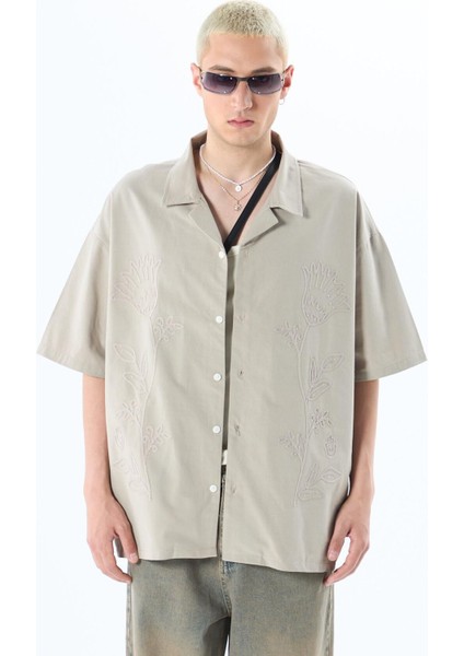 Nakış Detaylı Kısa Kol Oversize Keten Gömlek Vizon
