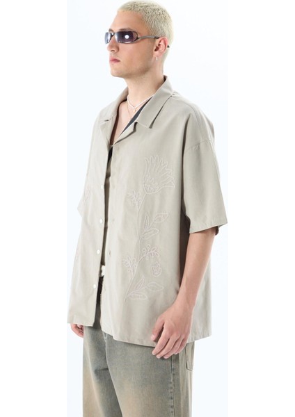 Nakış Detaylı Kısa Kol Oversize Keten Gömlek Vizon fiyatları
