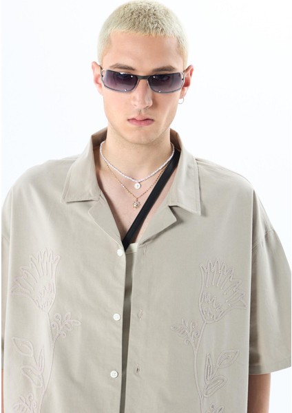 Nakış Detaylı Kısa Kol Oversize Keten Gömlek Vizon modelleri