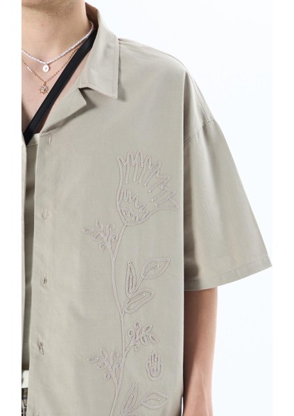 Nakış Detaylı Kısa Kol Oversize Keten Gömlek Vizon fırsatları