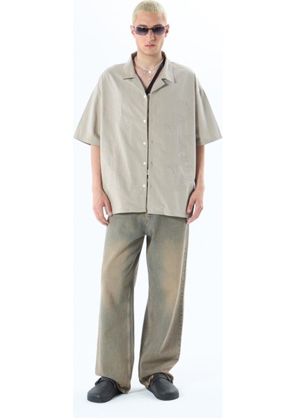 Nakış Detaylı Kısa Kol Oversize Keten Gömlek Vizon indirimleri