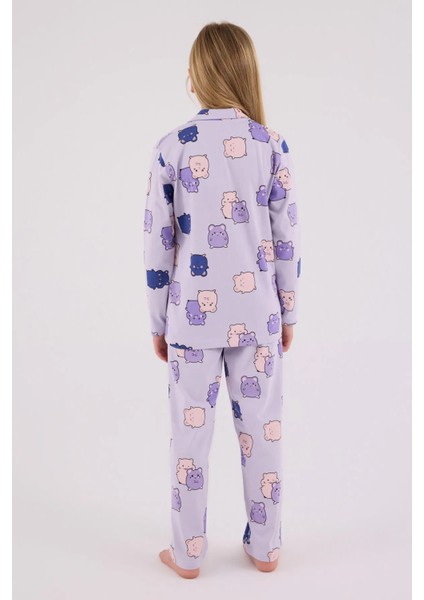 Kız Çocuk Gömlek Pijama Takım 2-15 Yaş Lila