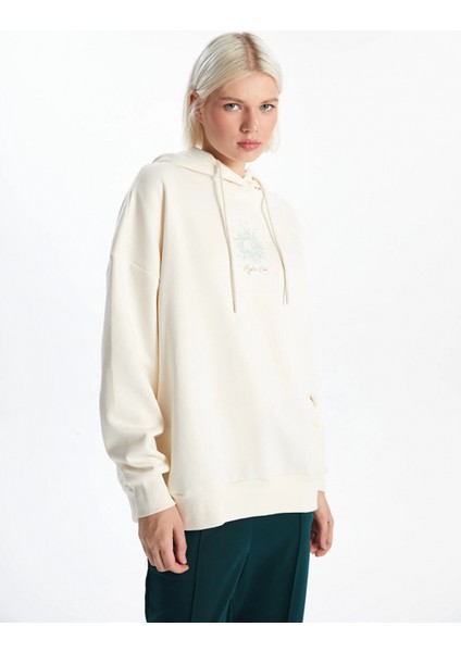 Xsıde Bej Baskılı Oversize Kadın Kalın Hoodie fırsatları