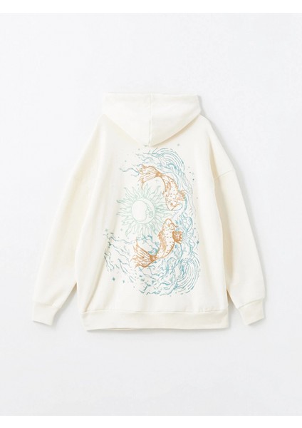 Xsıde Bej Baskılı Oversize Kadın Kalın Hoodie