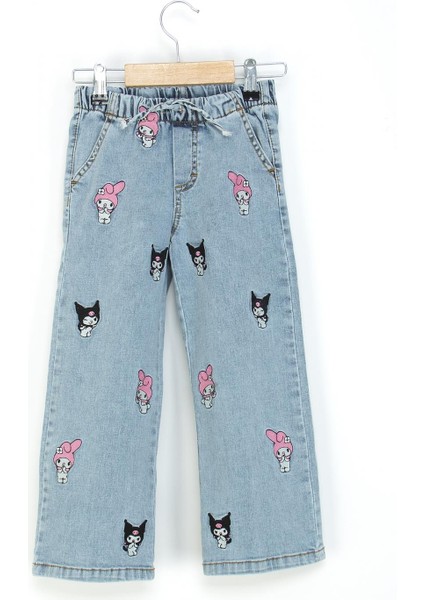Kız Çocuk Kromi Nakışlı Denim Pantolon 4-9 Yaş Mavi