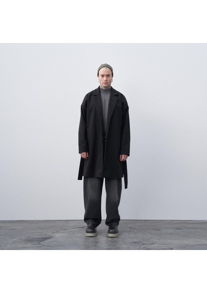 Kemerli Oversize Kaşe Kaban Siyah