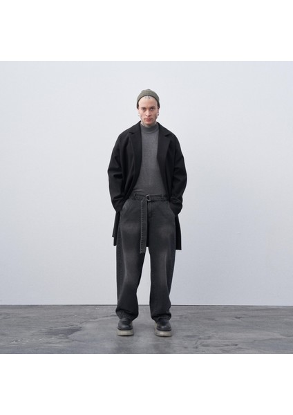 Kemerli Oversize Kaşe Kaban Siyah fiyatları