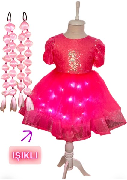 Payetli Pembe Işıklı Elbise Kostüm + Pembe Bubble Saç Seti Kuromi Prenses Düğün Parti Bayram
