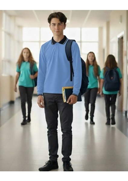 Çizgi Polo Yaka Okul T-Shirt %100 Pamuklu