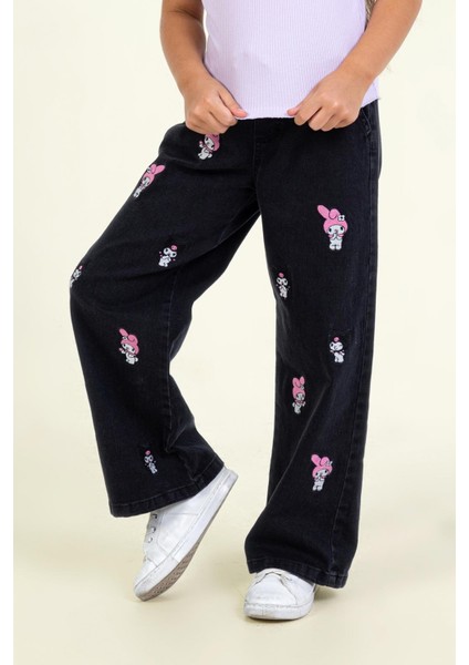 Kız Çocuk Kromi Nakışlı Denim Pantolon 4-9 Yaş Siyah
