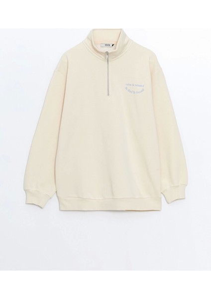 Xsıde Bej Dik Yaka Nakışlı Oversize Kadın Kalın Sweatshirt indirimleri