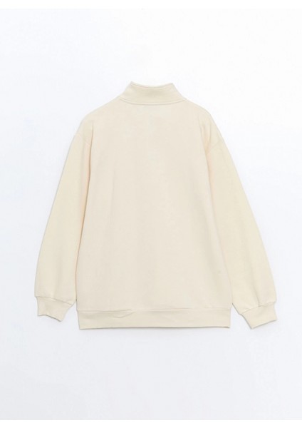 Xsıde Bej Dik Yaka Nakışlı Oversize Kadın Kalın Sweatshirt
