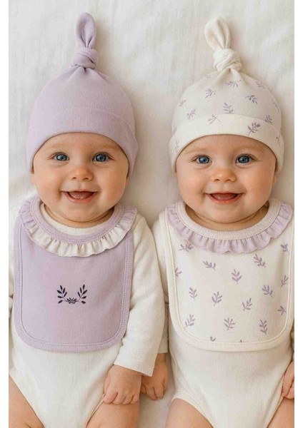 %100 Pamuk Bebek Şapka Önlük 4'lü Set | Kız Erkek Unisex