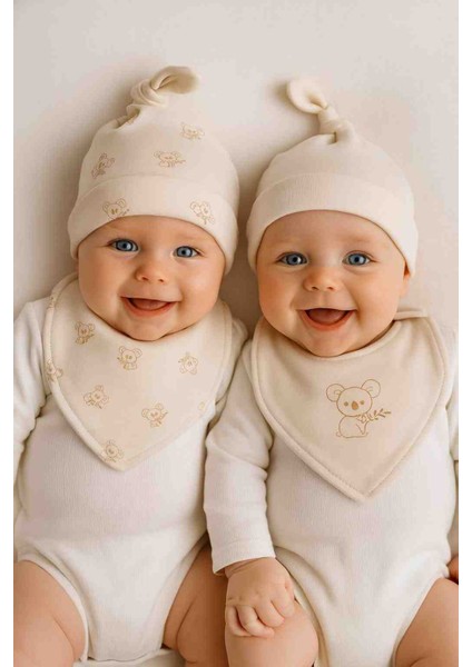 %100 Pamuk Bebek Şapka Önlük 4'lü Set | Kız Erkek Unisex