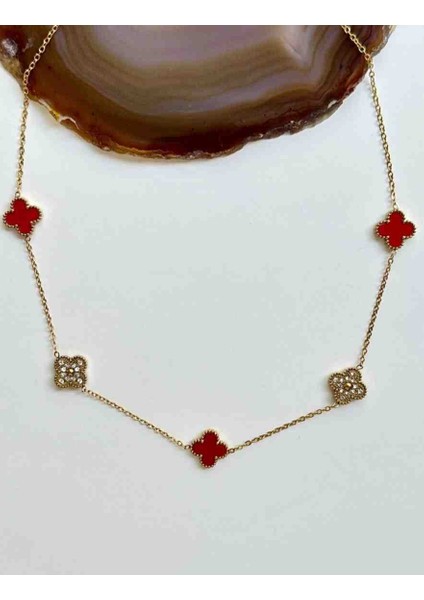 316L Gold Kırmızı Taşlı Çelik Kolye