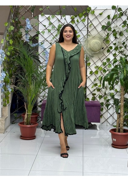 VL7051 Ispanyol Vual Elbise Haki