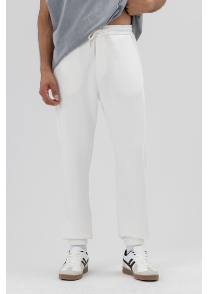Basic Paça Lastikli Eşofman Alt Ekru