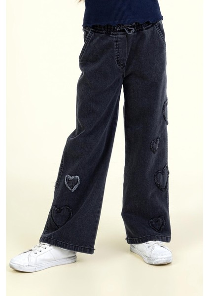 Kız Çocuk Kalp Nakışlı Denim Pantolon 4-9 Yaş Siyah