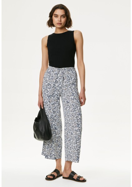 Desenli Crop Wide Leg Pantolon