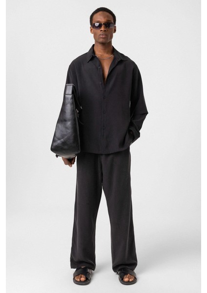 Çift Kol Detaylı Oversize Gömlek Siyah