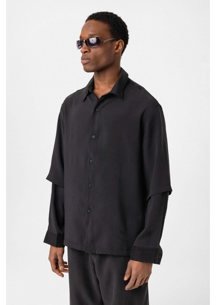 Çift Kol Detaylı Oversize Gömlek Siyah fırsatları